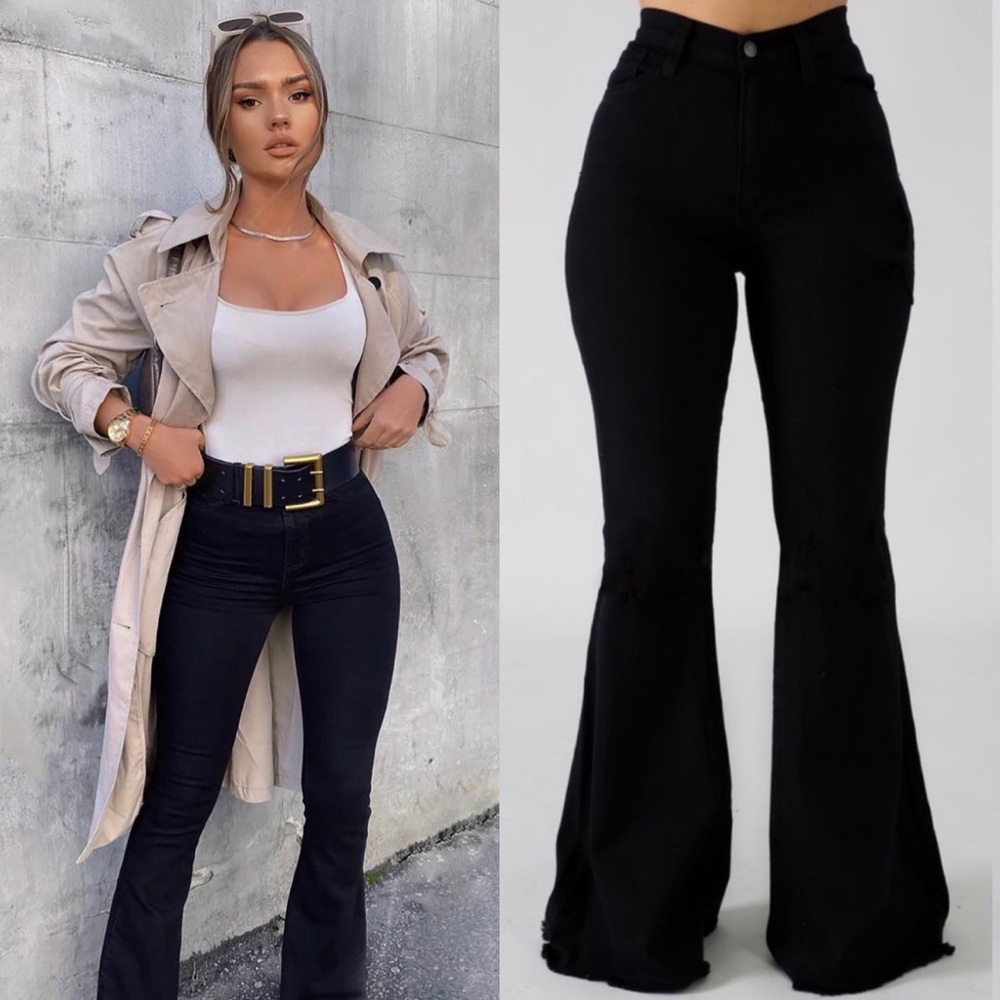 . GJG Denim Plain Black High Waist Boho Bell Bottom Jeans Size 13/34